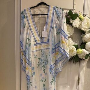 Fillyboo White Maxi Dress with Blue and Yellow Floral Trim